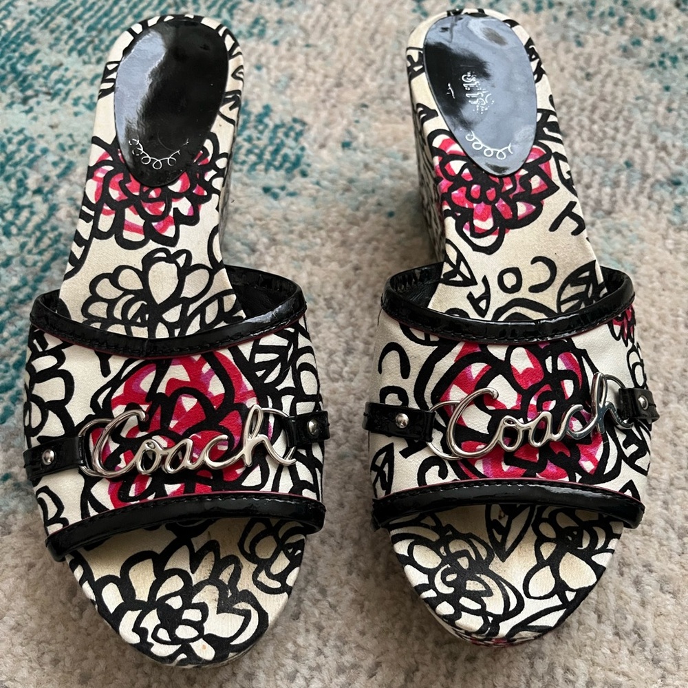 Coach Women's Black and Pink Floral Wedge Sandals